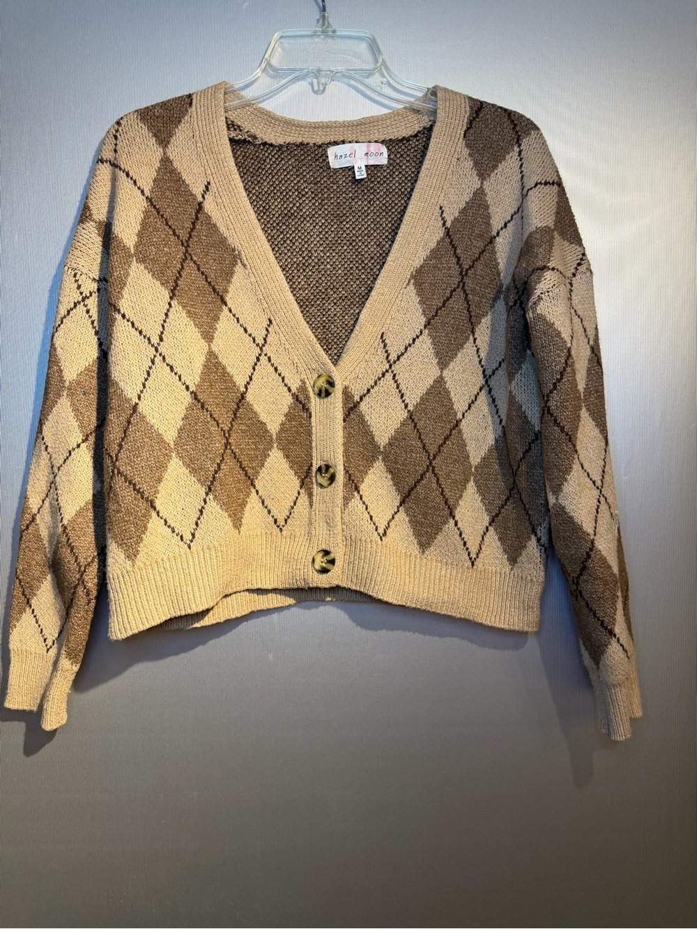 Cozy Argyle V-Neck Cardigan Sweater in Beige & Brown
